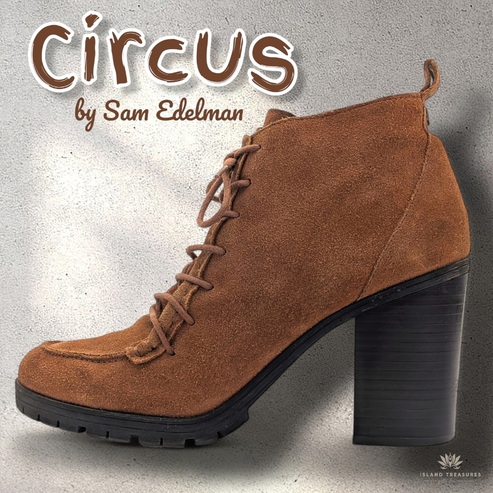 Circus Sam Edelman Denver Sz 8 Women Brown Suede Ankle Boots Lace Up Block Heel